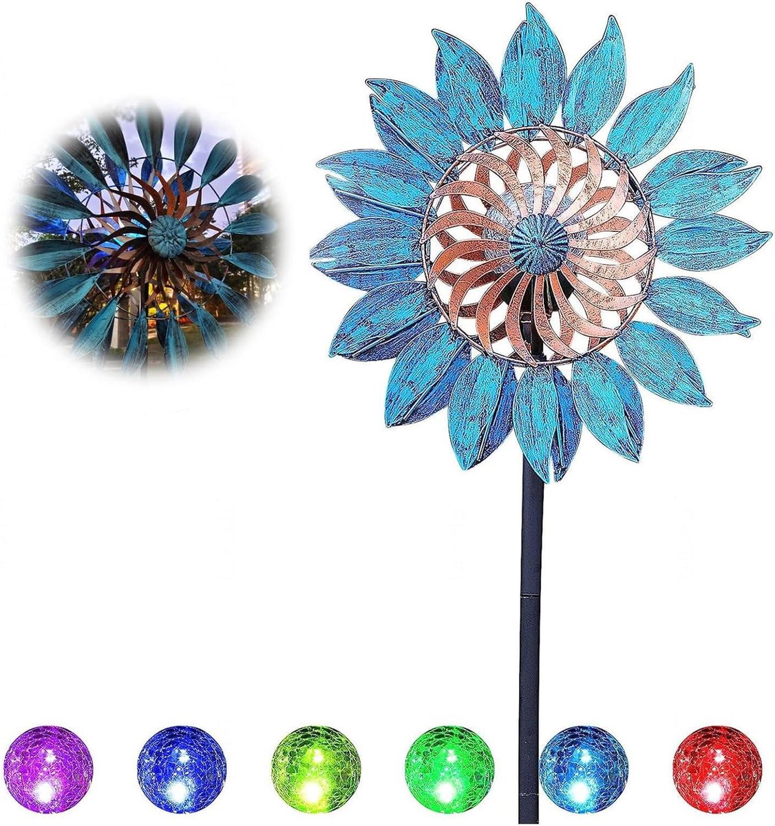 Windspinner Groot - Tuinspinner Dubbele Rotor - Tuin Decoratie - Zonne-energie Verlichting - 213 cm Hoog - Blauw Brons
