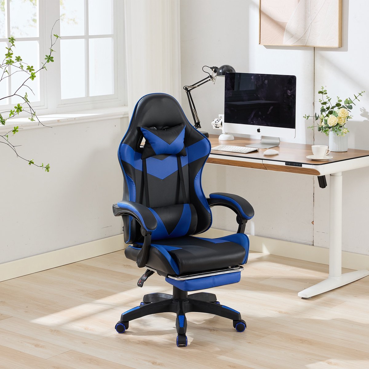 360° draaibare ergonomische gamingstoel in racestijl, lederen bureaustoel met hoge rugleuning, in hoogte verstelbaar met voetensteun, hoofdsteun en lendensteun voor kantoor en gaming – zwart & blauw