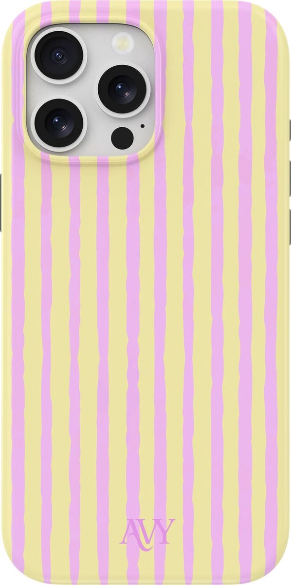 AVY Hoesje geschikt voor Apple iPhone 14 Pro | Pink Lemonade | Strepen | Roze & Geel | Hard Shell Back Cover | Compatibel met MagSafe & Qi2