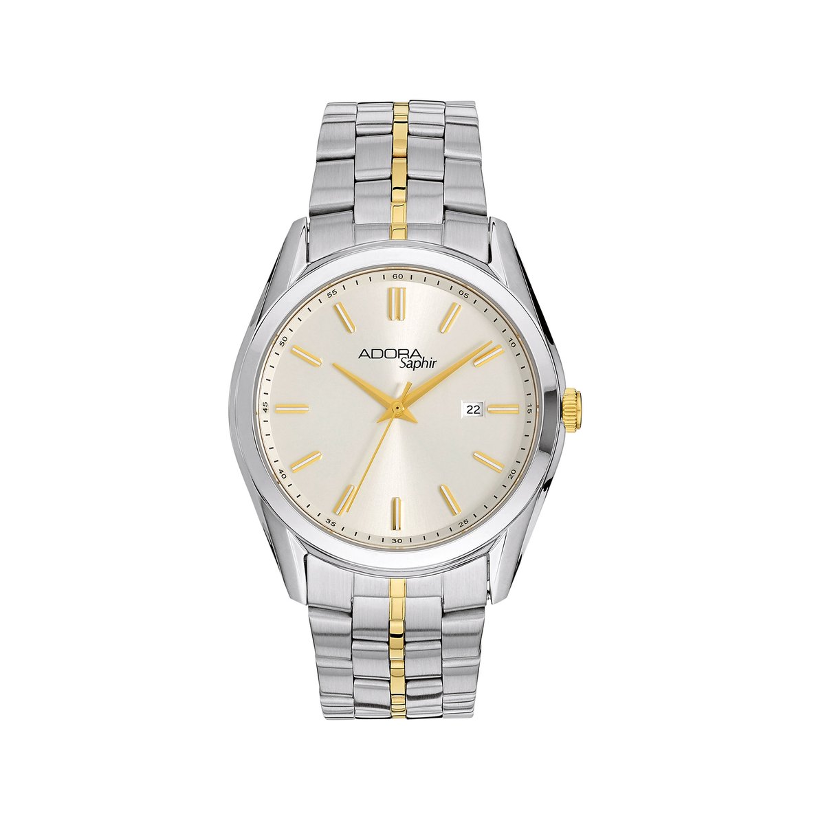 Adora Saphir Herenhorloge AS4689 Zilver-Goud - Saffierglas, Datum, RVS Band, 41mm - Tijdloos Design