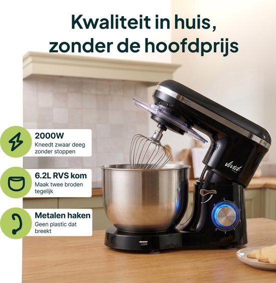 Keukenmachine 2000W - Keukenrobot - Foodprocessor - Keukenmixer met RVS Mengkom - Incl. 5 Accessoires - 6.2L - Zwart - Vivid Green van Vivid Green — afbeelding 3