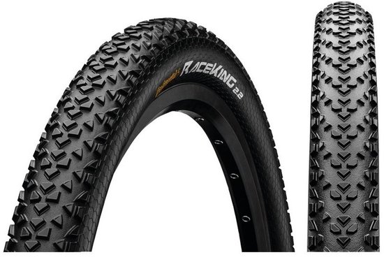 Zwarte Continental Race King 2.2 vouwband met grof profiel, met zijaanzicht.