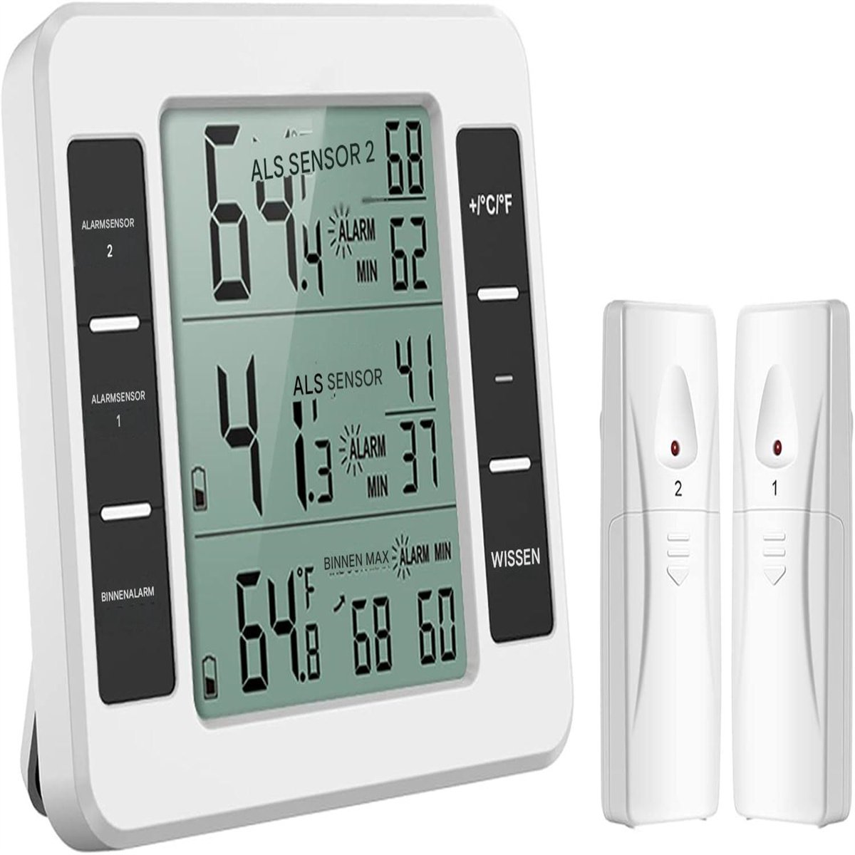 carmdering - Koelkast Thermometer - Koelkast Temperatuurmeter - Draadloze Temperatuurmeter - Max Min Registratie Met Trendpijl - Duurzaam Kunststof - Handmatige Alarminstelling - Ideaal Voor Koelkast En Vriezer - 1 Set Met 2 Sensoren
