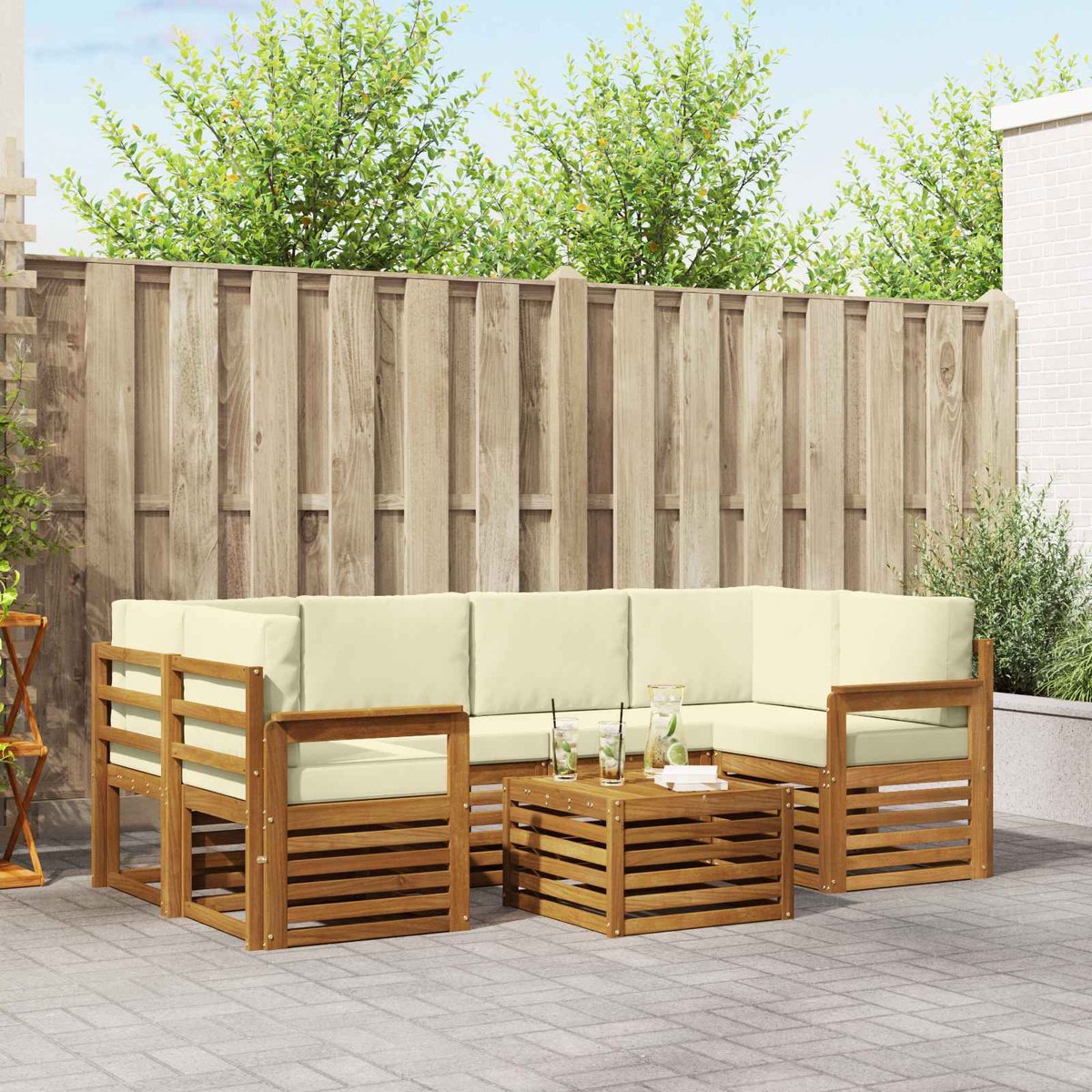 vidaXL Buiten - bank - set - 7 - st - Natuurlijk - en - Crème - Massief - Acacia - Hout Natuurlijk en Crème