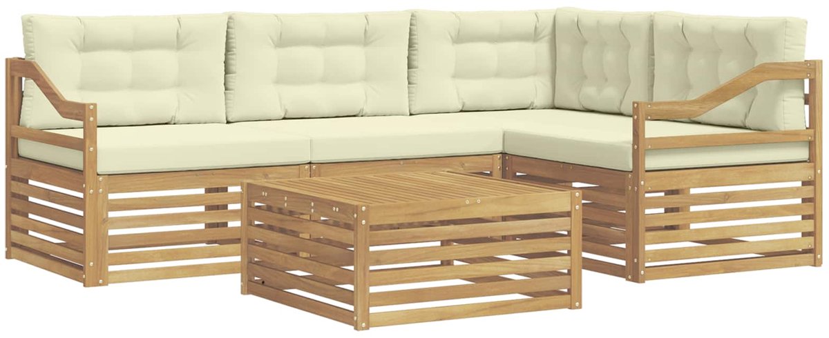 vidaXL Buiten - bank - set - 5 - st - 4-zits - Wit - en - crèmekleurig - Polyester Wit en crèmekleurig