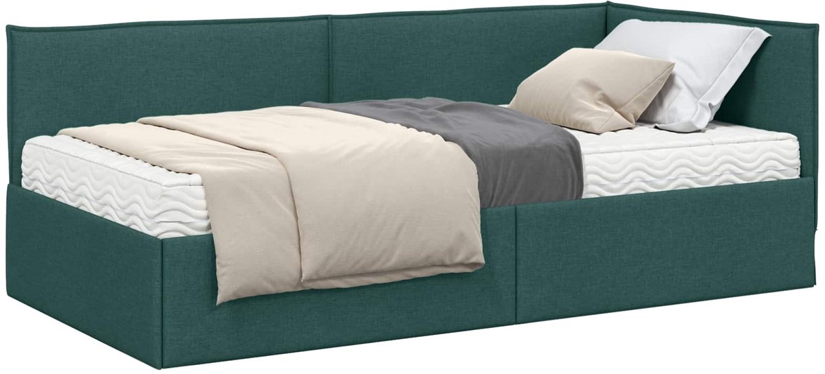 vidaXL Hoekbedframe - met - Matras - 2 - st - Donkergroen - 90 - x - 190 - cm - Fluweel