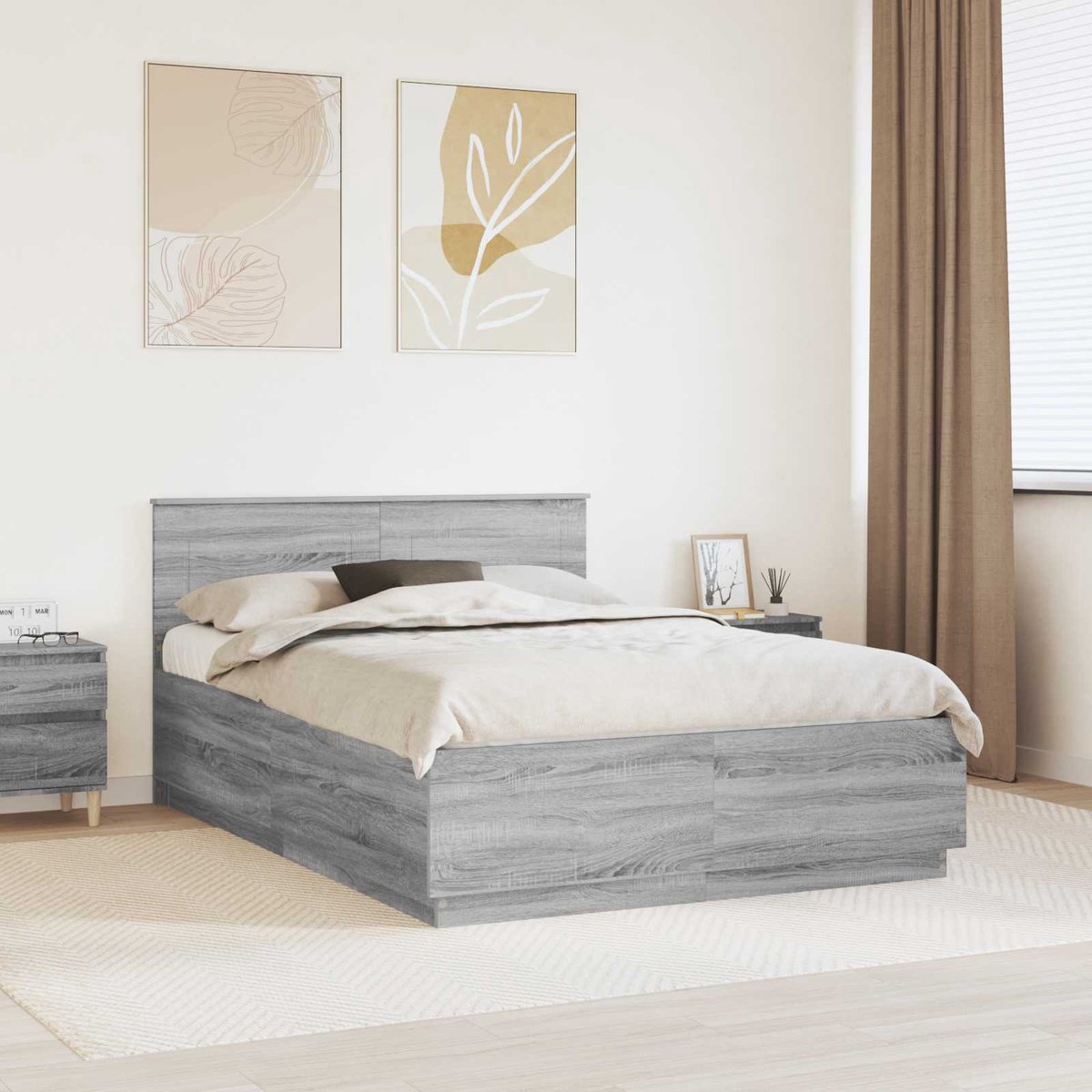 vidaXL Bedframe - met - hoofdeinde - Grijs - Sonoma - 150 - x - 200 - cm - Bewerkt - hout Grijs sonoma