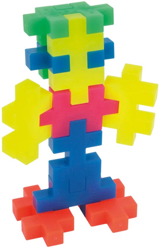 Een kleurrijk figuur van Plus-Plus bouwstenen in groen, geel, blauw, roze en oranje.