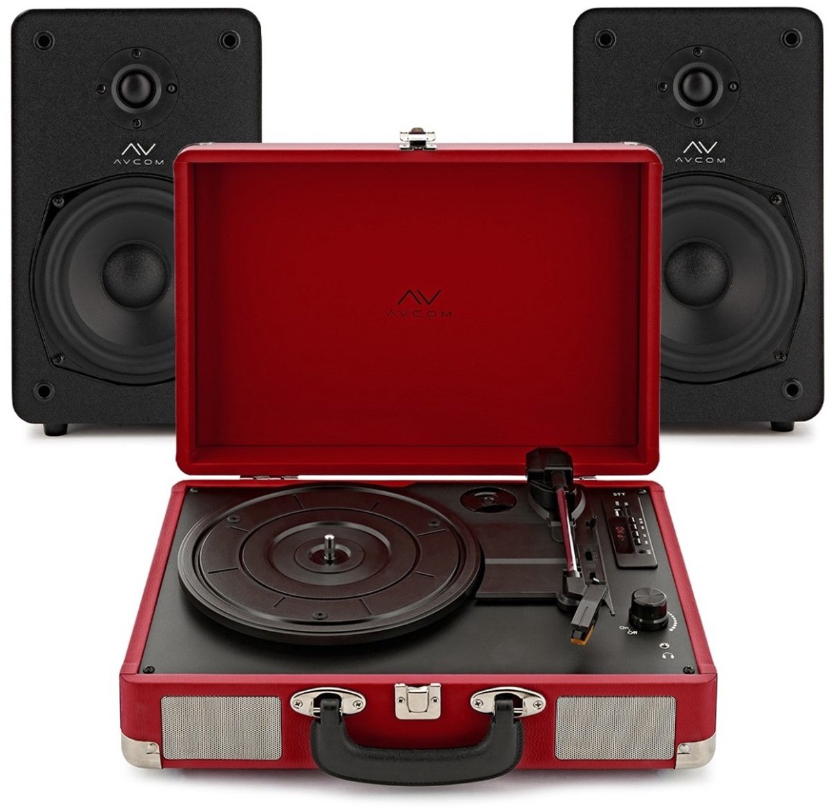 AVCOM Koffer Draaitafel met Actieve Luidspeakers, Rood & Zwart