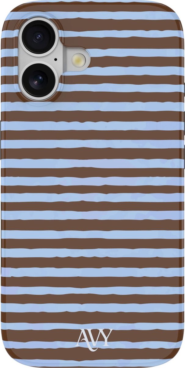 AVY Hoesje geschikt voor Apple iPhone 16 | Ocean Latte | Strepen | Bruin & Blauw | Hard Shell Back Cover | Compatibel met MagSafe & Qi2