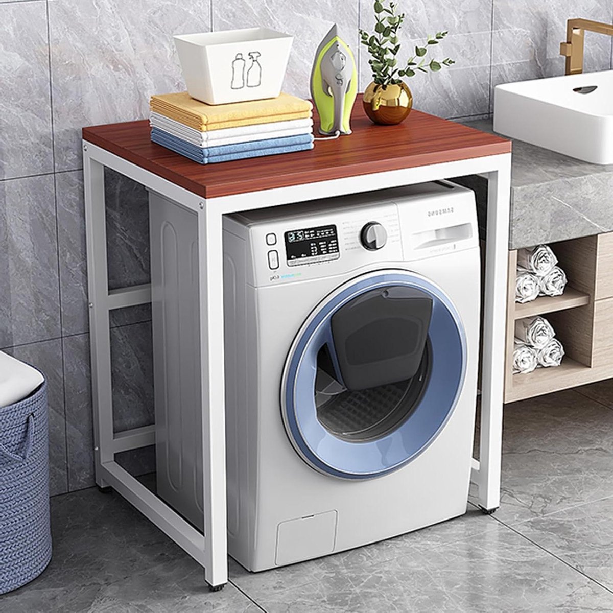Wasmachine Opbergrek - Wasdroger Organizer - Ruimte Besparen - Stabiele Constructie - L70xW60xH100cm - Wit Bruin