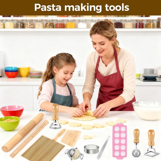 Pasta Maken Gereedschap - Knoedel Kit - Thuis Italiaans Koken - 11 Delige Set - 800 Gram - Houtkleur — afbeelding 3