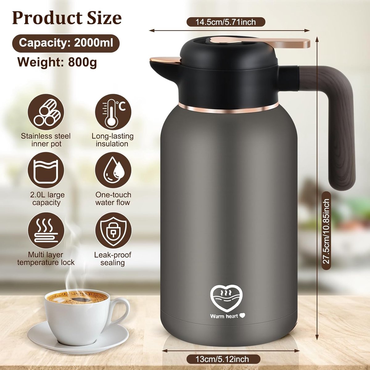 TEKROA® Thermoskan 2 Liter – RVS Isoleerkan – Koffiekan met Drukknop - Zwart - Koffie - Thee - Voor warme en koude dranken - 36u Koud / 24u Warm — cadeau in Koken & Dineren - foto 8