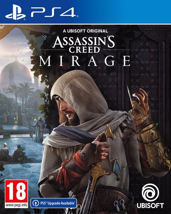 Assassin's Creed Mirage gamecover. Een man met kap, in traditionele kledij, houdt een zwaard vast. Op de achtergrond een Arabische stad en de '18' leeftijdsindicatie.