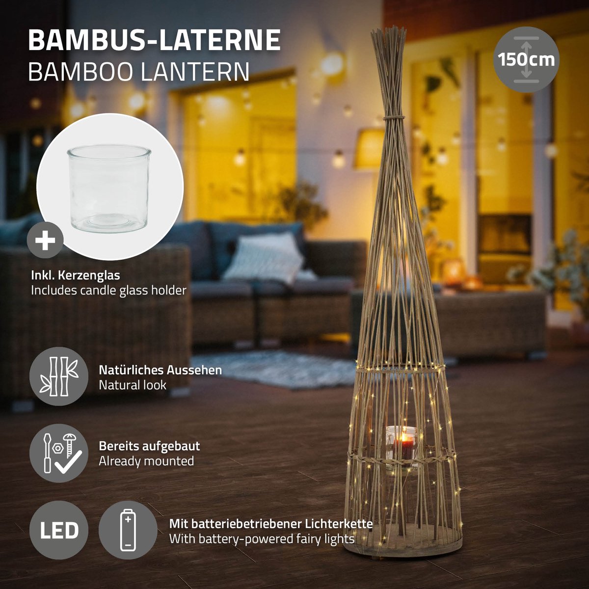 ECD Germany Bamboe lantaarn decoratieve houten windlicht serie grote kaarsenhouder van 150 cm hoog, sfeervolle led lichtketting met glazen inzetstuk luxe boho stijl tuinlantaarn gevlochten look moderne decoratie voor binnen buiten terras en woonkamer — cadeau in Wonen & Interieur - foto 6