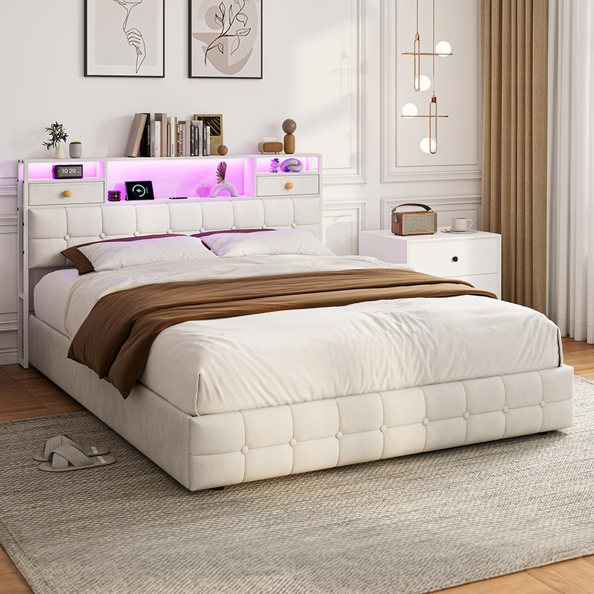 ROSAHQNDA Gestoffeerd bed 160x200cm met LED-verlichting, modern bed met hoofdbord en 2 lades, gestoffeerd hydraulisch opbergbed, fluwelen stof, beige, zonder matras