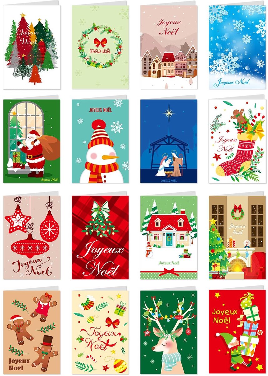 ONF3 - Franse Kerstkaarten - 16 Verschillende Ontwerpen - Inclusief Envelop en Stickers - Perfect voor Kerst - Creatieve Kaarten - Feestelijke G...