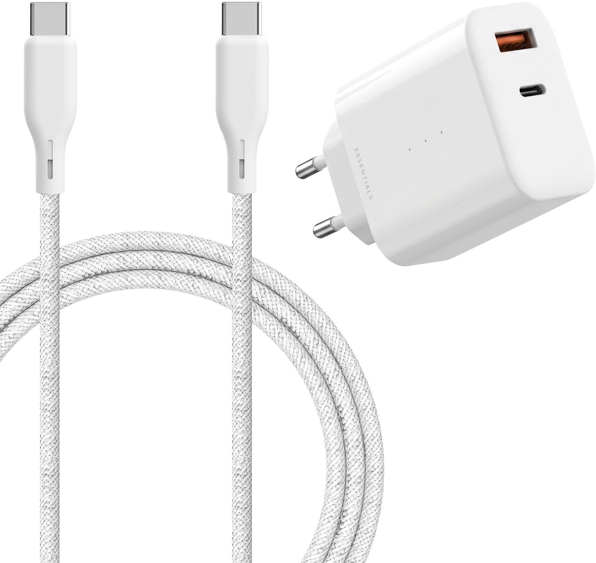 Ëssentials by Upström - USB-C & USB-A GaN Snellader met 100W USB-C naar USB-C Kabel 2,5m – Snelladen & Dataoverdracht 480 Mbps – Voor iPhone 15/16/17, Samsung, Android, Tablet & MacBook – Extra Sterk & Gerecycled