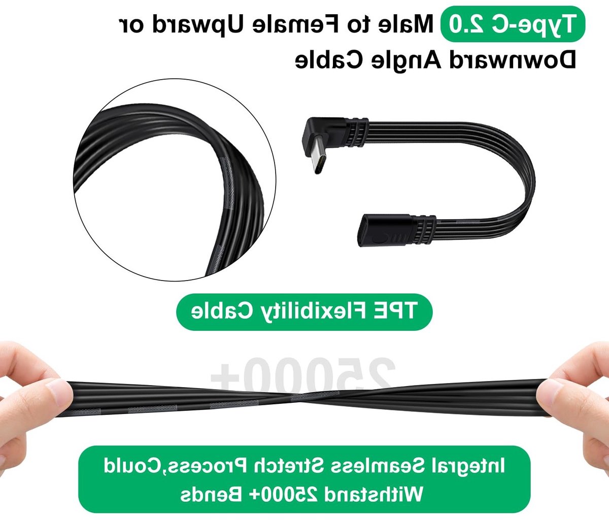 USB C 90 graden kabel - Plat Type C kabel voor snel opladen en datatransfer - 0.3m lengte