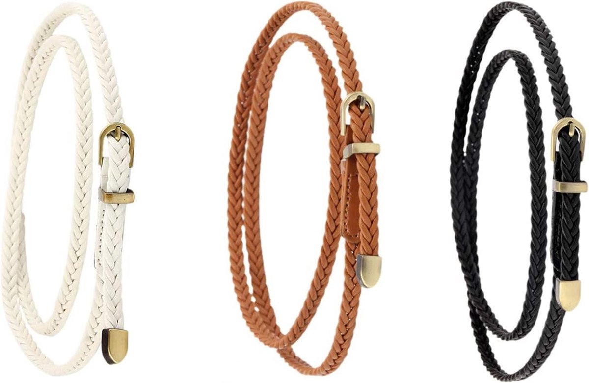 Driedelige Dunne Gevlochten Tailleband voor Dames, PU Leren Skinny Ceintuur met Pin Gesp voor Jurken, Broeken en Jeans in Zwart, Wit en Kameel