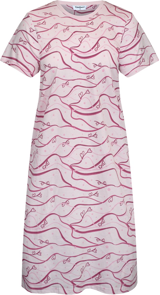 Gaubert Essential Dames Nachthemd Korte Mouw - Premium Gekamd Katoen - Waves of Hearts - Roze - Maat S - GB-6816