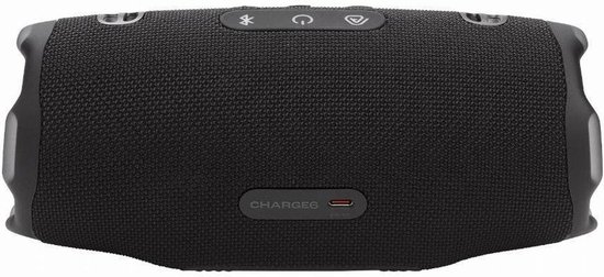 Enceinte JBL Charge 6 noire avec boutons sur le dessus et port USB-C à l'avant.