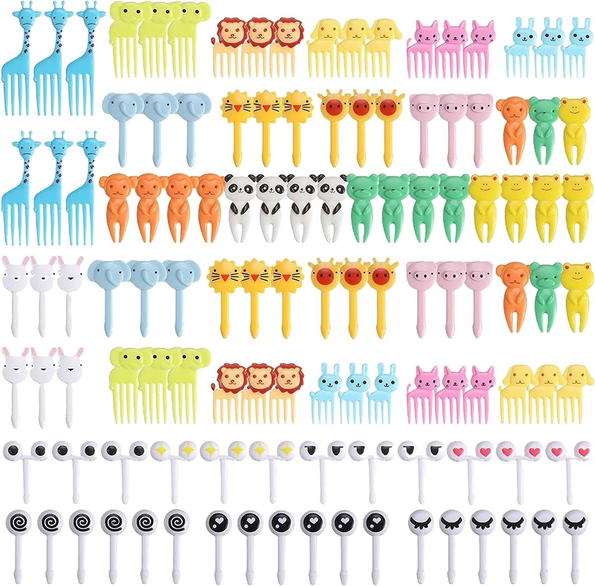 Set van 120 Herbruikbare Plastic Fruitvorken in 22 Dierlijke Vormen met Cartoonogen - Perfect voor Picknicks, Bento Boxen en Feestjes