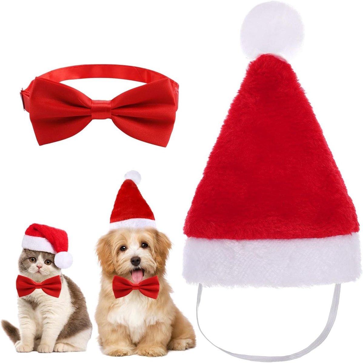 Kerstkostuum voor honden en katten, inclusief feestelijke hoed met strik, perfect voor kerstdecoraties en cadeaus.