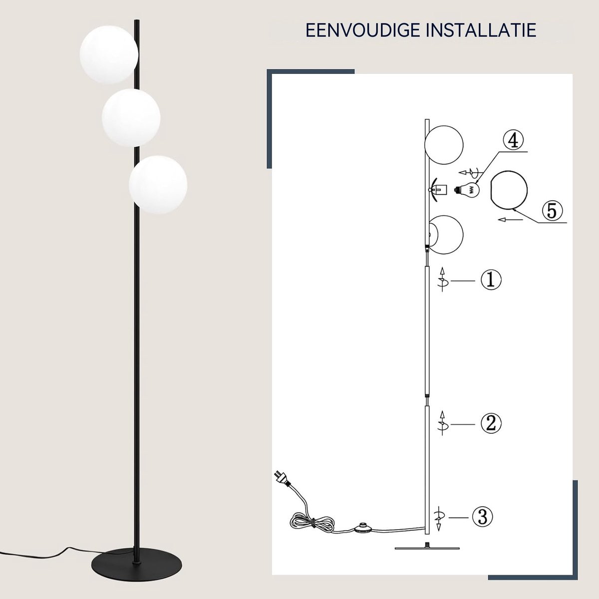 Glitzerlife - Moderne Industriële Vloerlamp - Zwart Staande Lamp - 3 Lichtbronnen - Vintage Design - E27 Voetlamp - Retro Vloerlamp - Metaal en Glas - Voor Woonkamer en Slaapkamer -150cm thumbnail 6