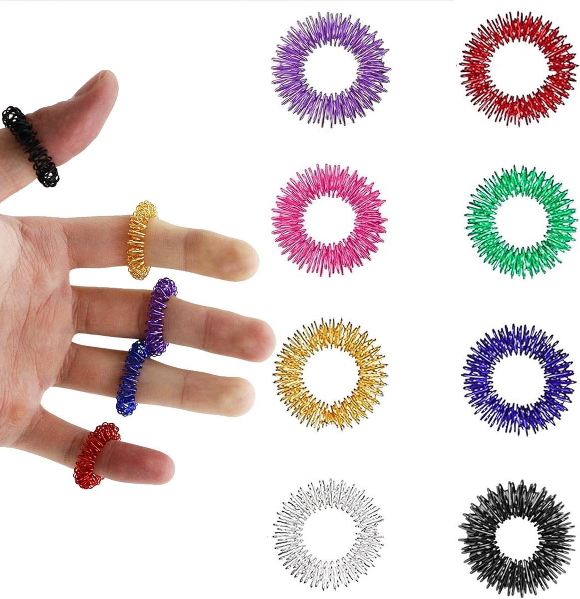 Set van 8 Acupressuur Ringen voor Fingermassage, Stressverlichting, Verbetering van Bloedcirculatie en Sensorische Stimulatie