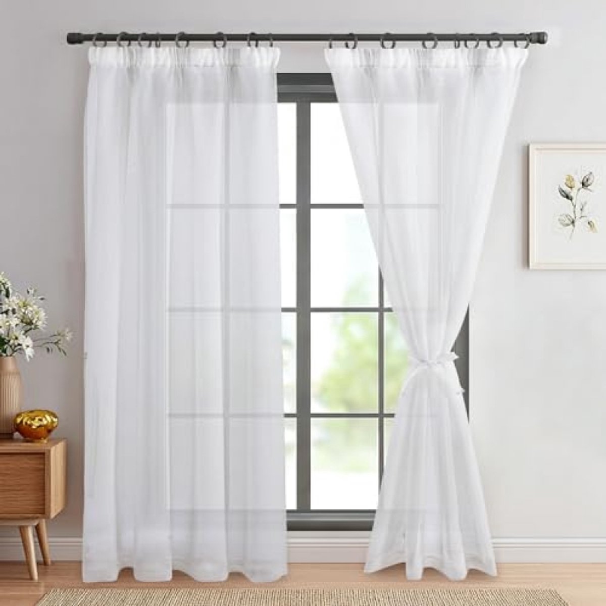 Set van 2 voile gordijnen met plooiband - linnenlook - half-transparant - wit - 245 x 140 cm (hoogte x breedte)