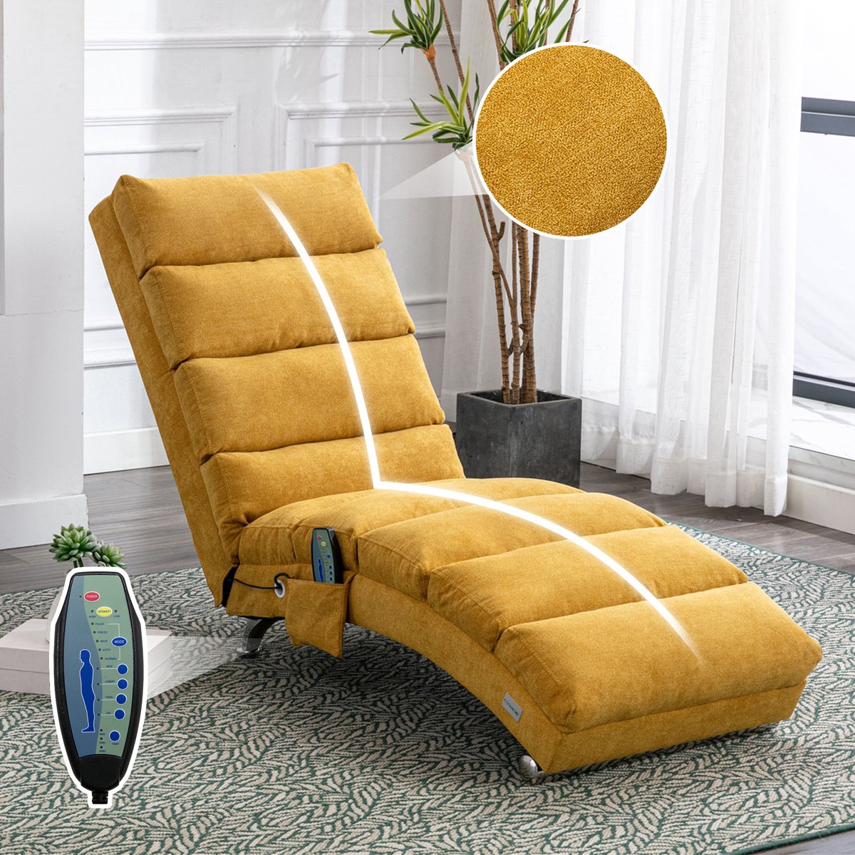 MODENUIT Relaxstoel 55 x 148 x 84 cm - Met Trilfunctie En Zijvak - Voor Woonkamer En Slaapkamer - Linnen Mosterdgeel