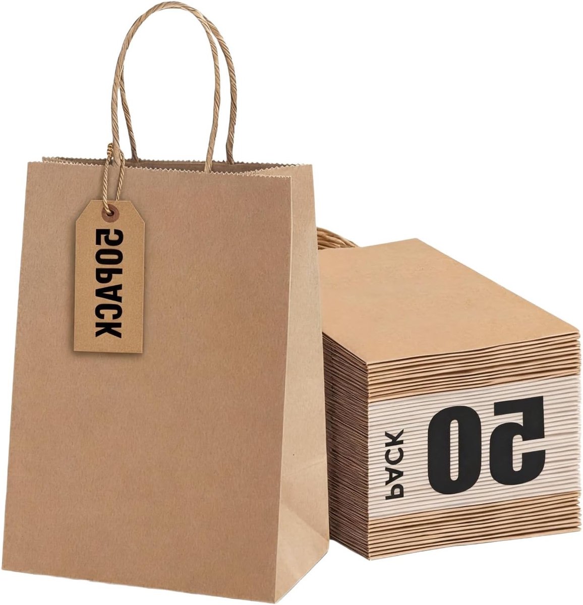 OFFASST 50 stuks kraftpapieren zakjes met handgrepen, 15 x 8 x 21 cm, kleine cadeauzakjes voor geschenken, verjaardag - ShopVlot