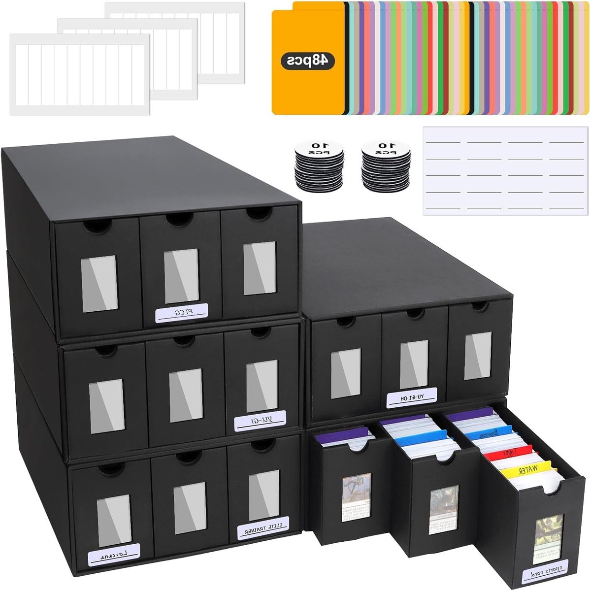 Opslagdoos voor 15.000+ Trading Cards, Deck Box met Commander Display en 48 Kleurrijke Scheidingswanden voor TCG, PTCG en Sportkaarten