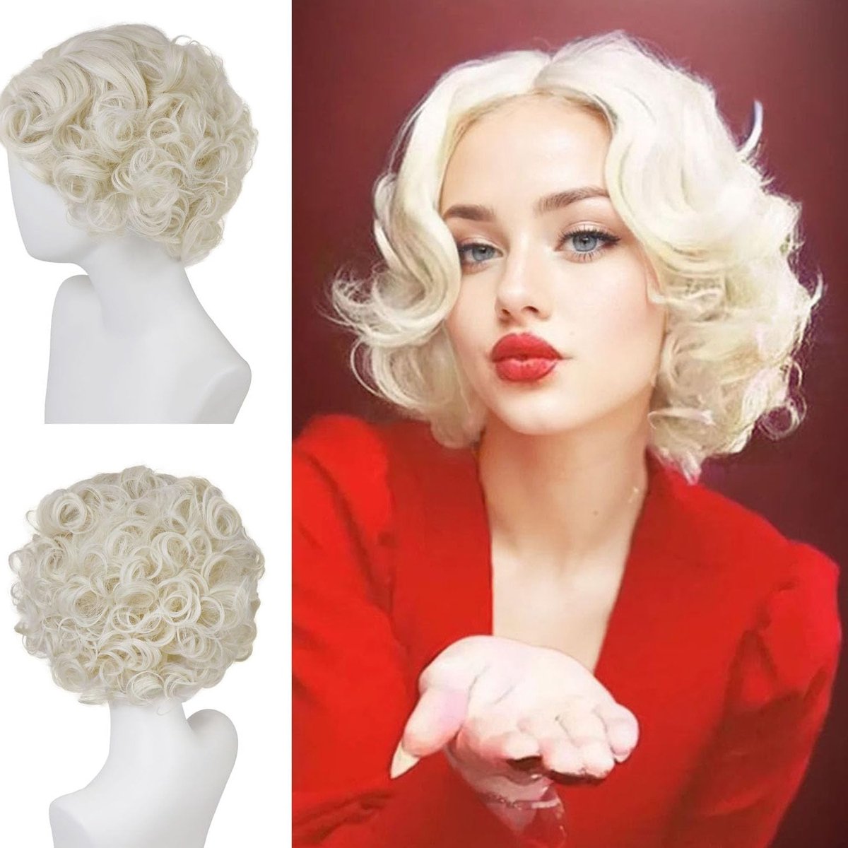 Lichtblonde Krullende Perücke voor Vrouwen met Zijvlecht - Vintage Halloween Kostuum van Synthetisch Haar