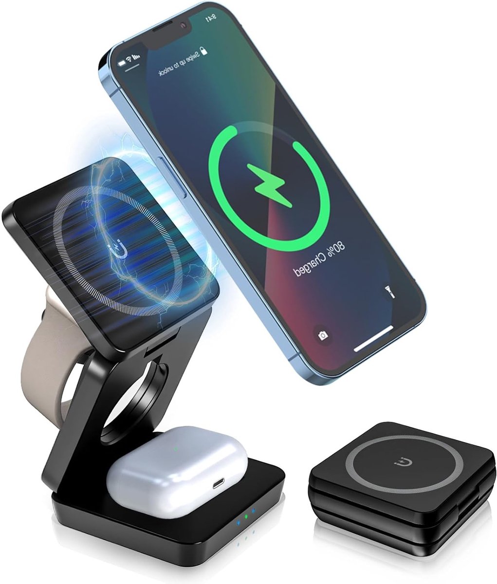 Draagbaar 3-in-1 Draadloos Oplaadstation voor Smartphone en Apple Watch, Inductief Opladen voor iWatch en AirPods, Geschikt voor iPhone 12-13-14-15-16-17 Series