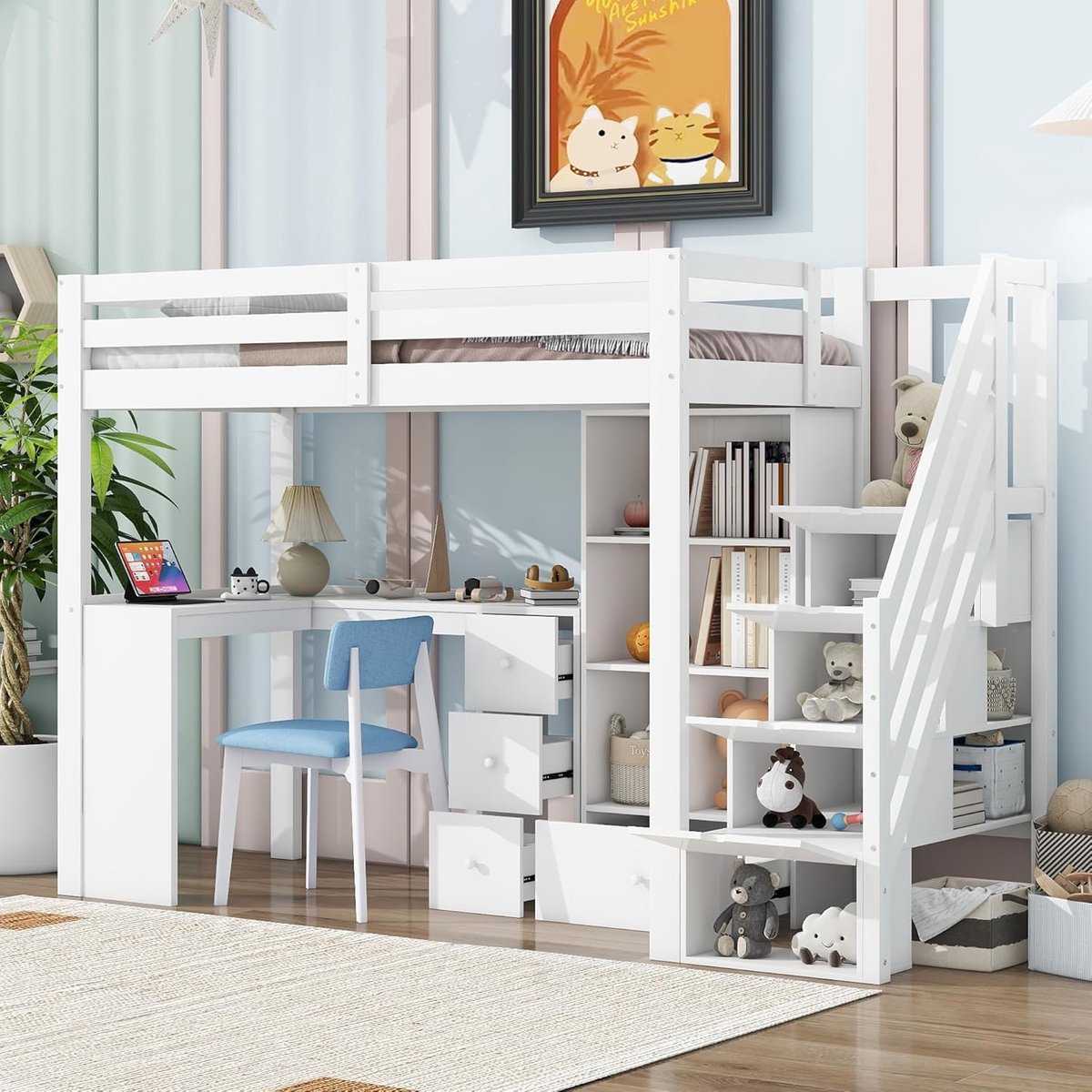 Hoogslaper met Bureau 90x200 cm - Kinderbed Mezzanine Bed met Opberglades, Open Kasten, Trap met Opbergruimte en Planken - Grenenhout MDF Wit - Laura