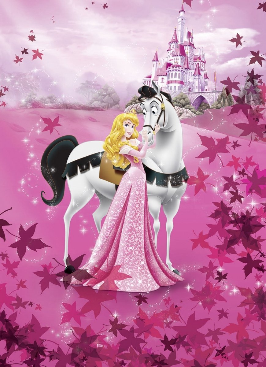 Fotobehang Doornroosje - Disney Prinses - prinsessenkamer - Sleeping Beauty- paard - kasteel - roze - fotowand - papierbehang - 184 x 254 cm - Komar Disney 4