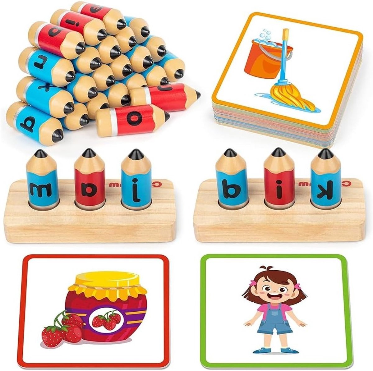 Educatieve houten spelling spellen voor korte klinkers, CVC woorden en motorische vaardigheden voor kinderen van 3-5 jaar