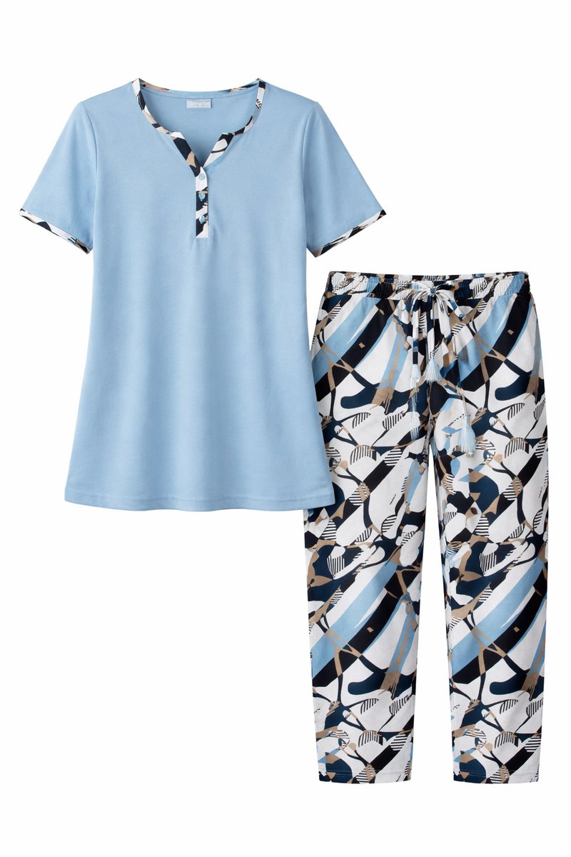 Comtessa Ascafa Dames Pyjama – Deluxe - Korte Mouw – 7/8 Broek – 100% Katoen - Lichtblauw