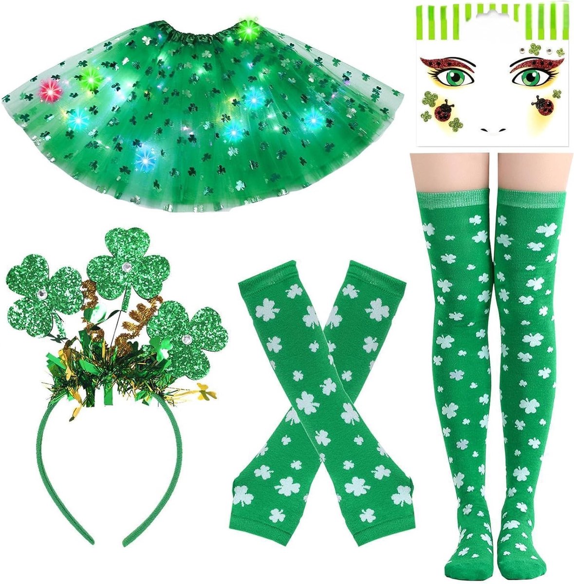 St Patrick's Day Kostuum voor Kinderen en Volwassenen met Groene Klaver, LED Hoofdband, Tutu Rok, Handschoenen en Sokken voor Carnaval en Feestjes