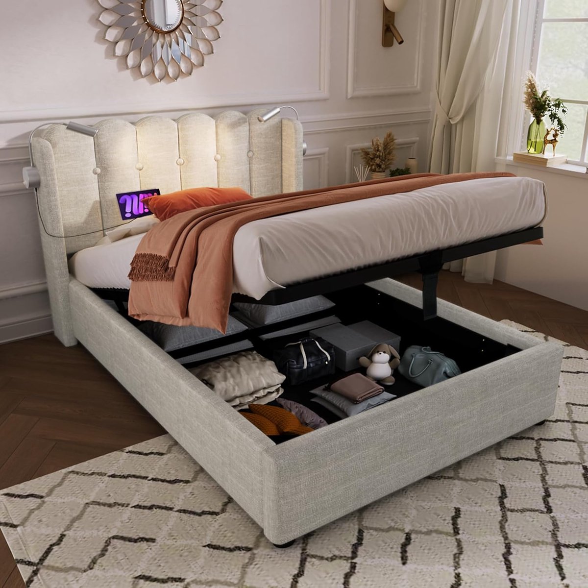Luxe Gestoffeerd Eenpersoonsbed met Hydraulisch Opbergsysteem – 90 x 200 cm – Premium Beige Linnen – Inclusief Lattenbodem & Hoofdbord – Modern Design Bedframe