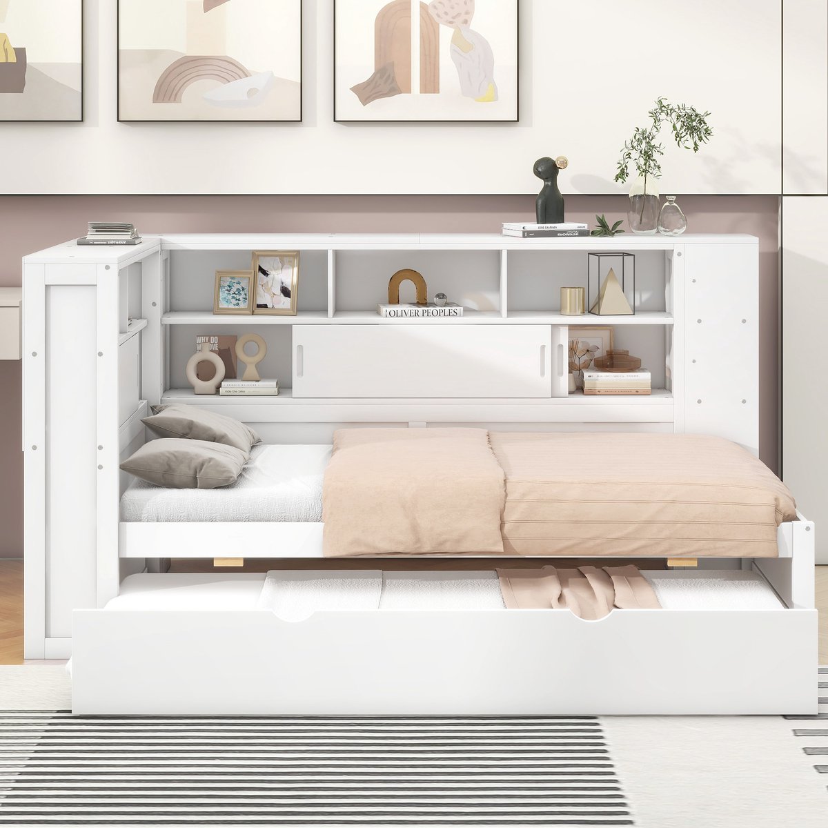 VVBV Dagbed 90x200 cm met Onderschuifbed, Kinderbed met Opbergruimte & USB-Poort, Bedbank Hout, Wit