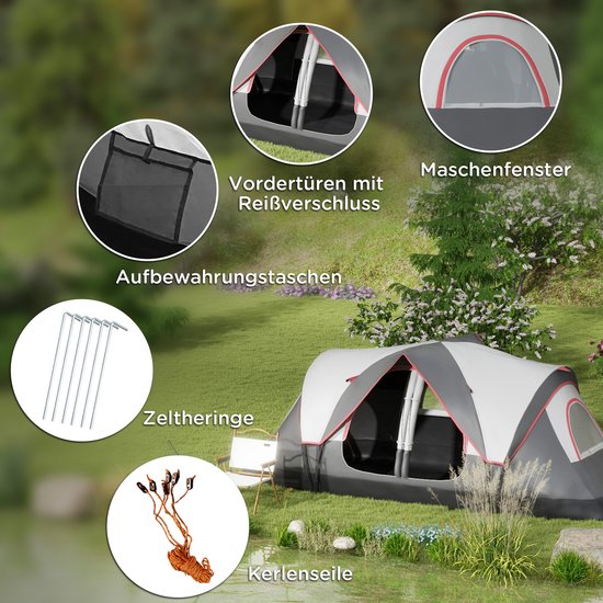 Campingtent 2 Kamers - 6-8 Persoons Gezinstent - Met Tussenscherm En Regenhoes - Voor Familie En Outdoor - Grijs — afbeelding 3