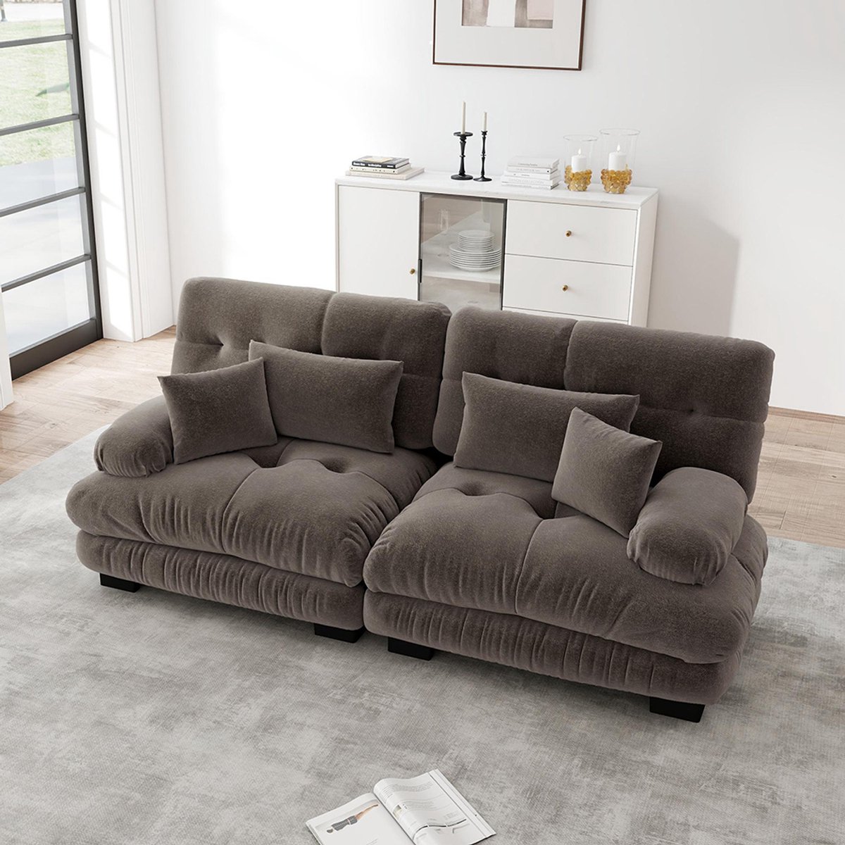 Komhtom Cloud hoekbank voor de woonkamer, tweezitsbank van chenille met 2 rugkussens en 2 sierkussens, frame van massief hout, bruine chenille