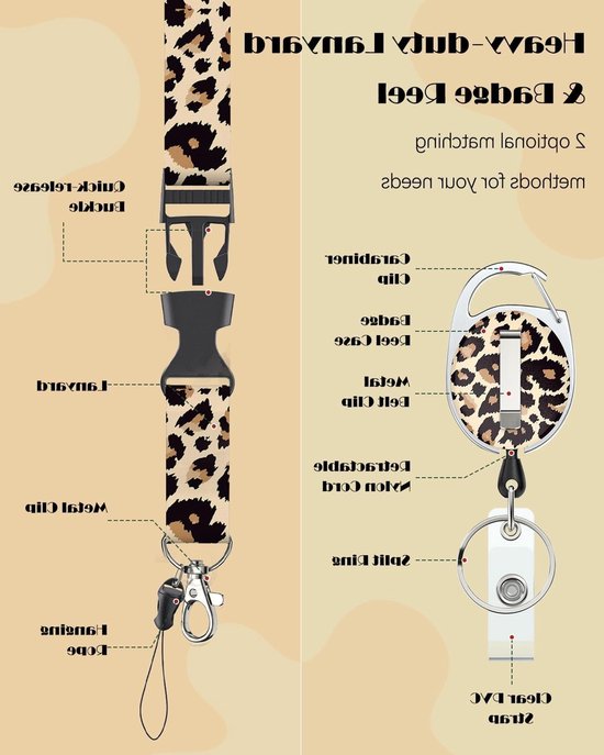 Fashionable ID Badge Houder met Luipaardprint, Retractable Badge Reel en Afneembare Lanyard voor Kantoor en Onderwijs van Merkloos — afbeelding 2