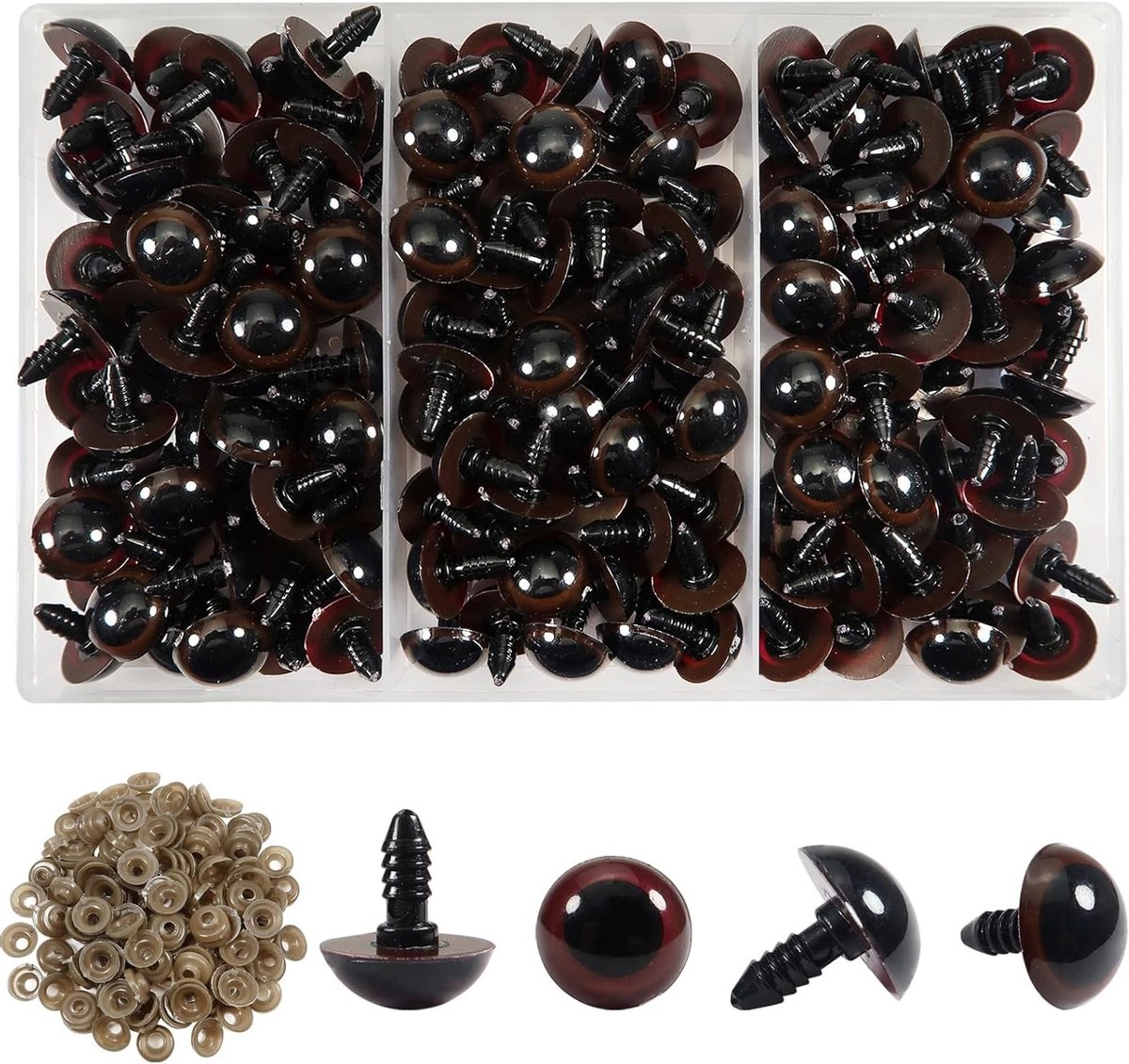 150 Stuks Oogpoppen 16mm Bruine Plastic Ogen met 150 Stuks Wasjes voor Poppenmaken en DIY Creaties