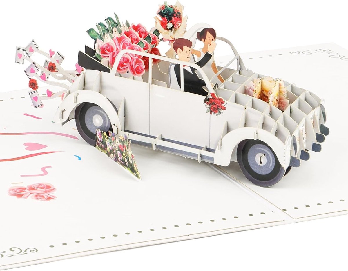 3D Pop-Up Trouwauto Kaart met Envelop, Perfect voor Bruid en Bruidegom, Huwelijk, Jubileum, Verjaardag, Uniek Cadeau voor Stellen
