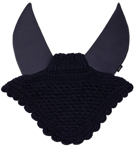 Donkerblauw gehaakt oornetje met lange puntige oren.