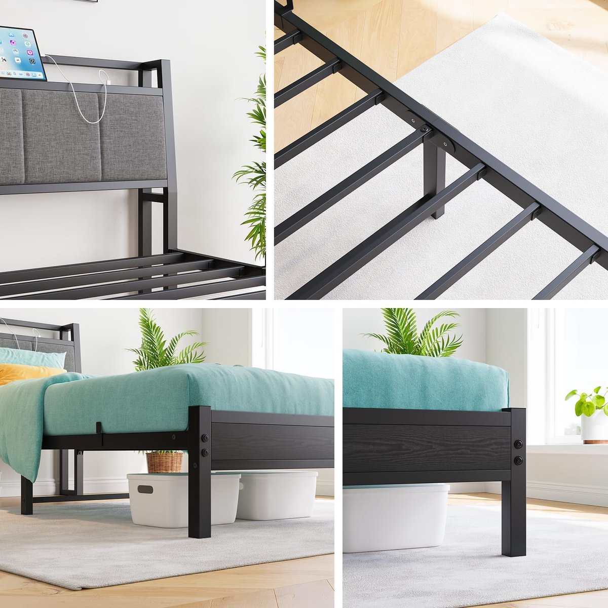 Ergonomisch Eenpersoonsbed 90x200 cm - Modern Metalen Bedframe met Laadstation (USB), Luxe Gestoffeerd Hoofdbord en Opbergruimte - Industrieel Zwart & Donkergrijs